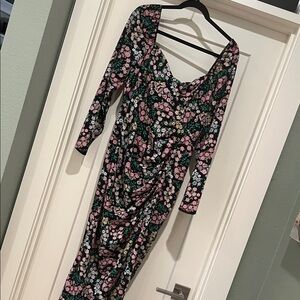 ASOS Design Petite Floral Long Sleeve Dress - Black and Pink Size 10